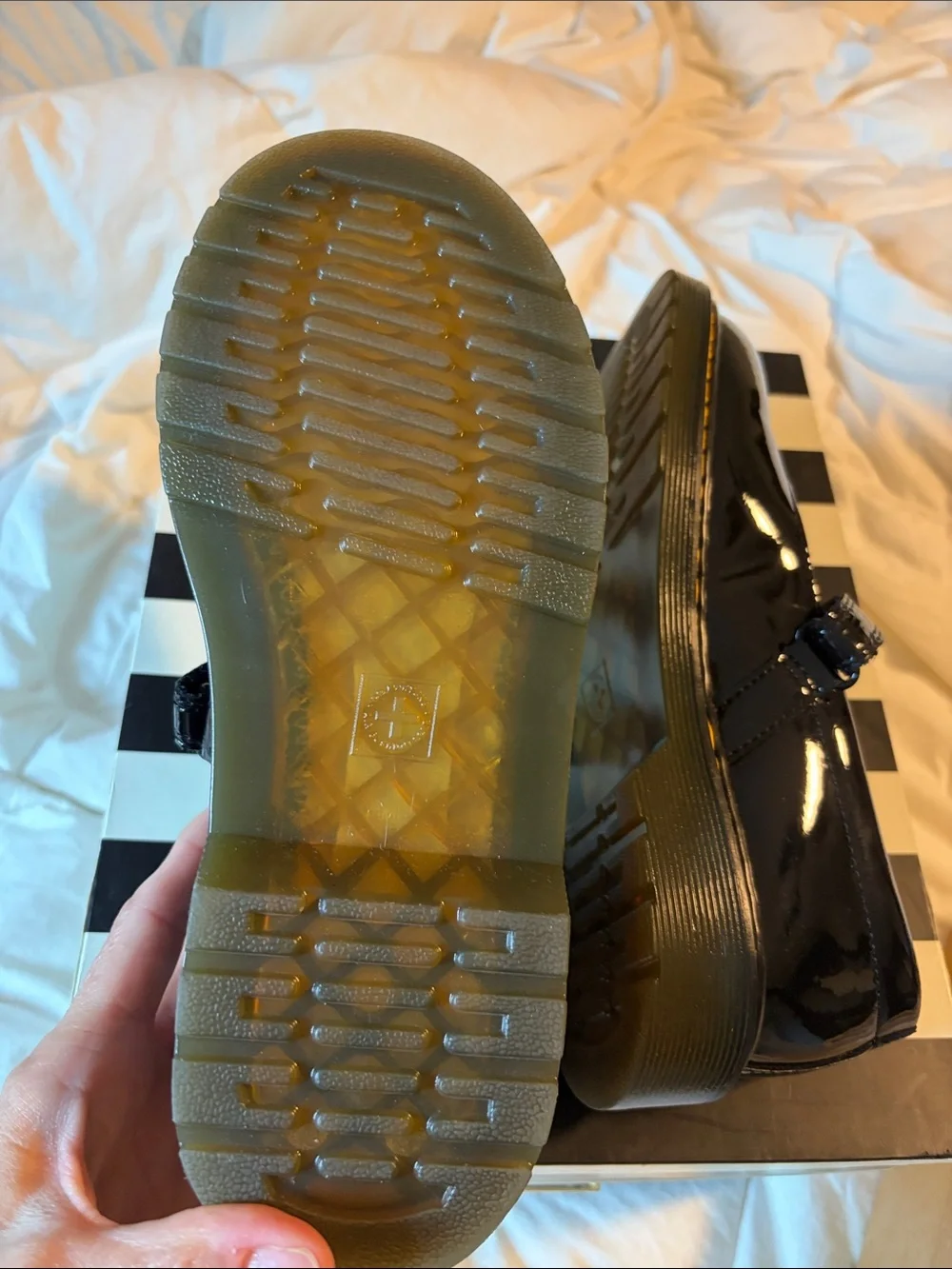 Dr. Martens Girls Black Patent Mary Jane Shoes with Yellow Stitching us 5